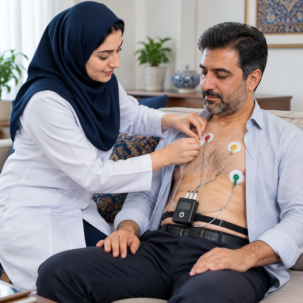 نصب الکترودهای هولتر ریتم قلب روی قفسه سینه بیمار در منزل
