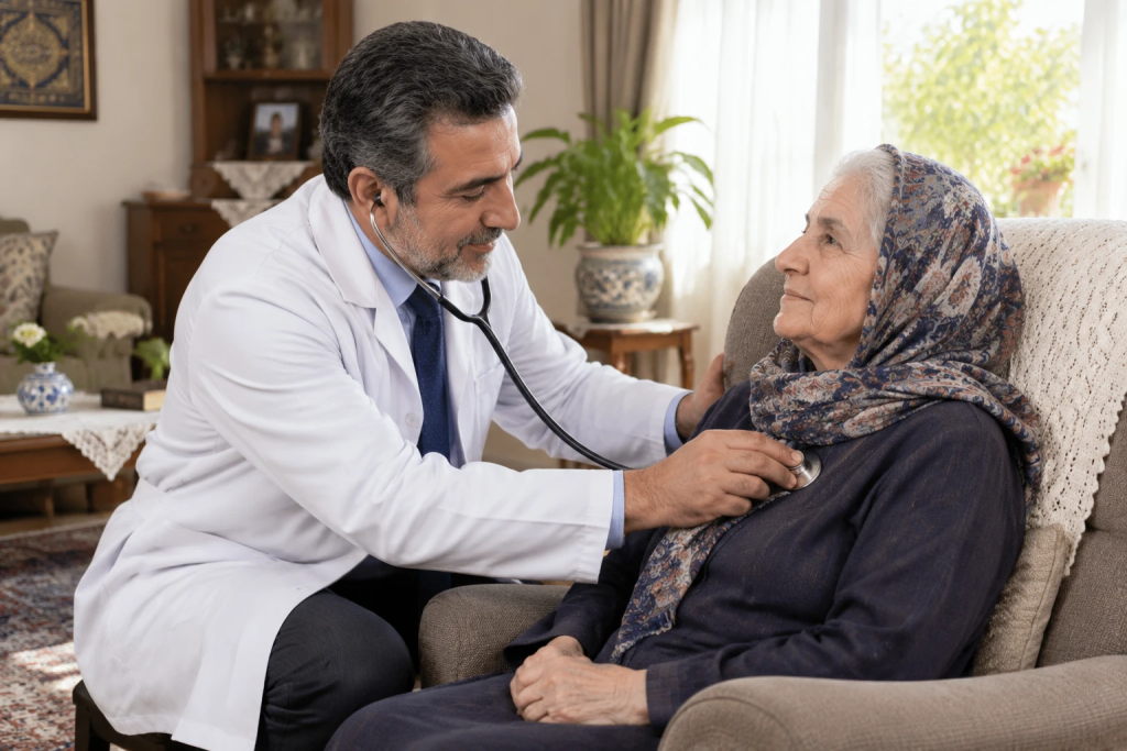 معاینه بالینی دقیق و سمع صدای قلب بیمار سالمند توسط پزشک متخصص قلب در منزل حامی