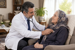 معاینه بالینی دقیق و سمع صدای قلب بیمار سالمند توسط پزشک متخصص قلب در منزل حامی