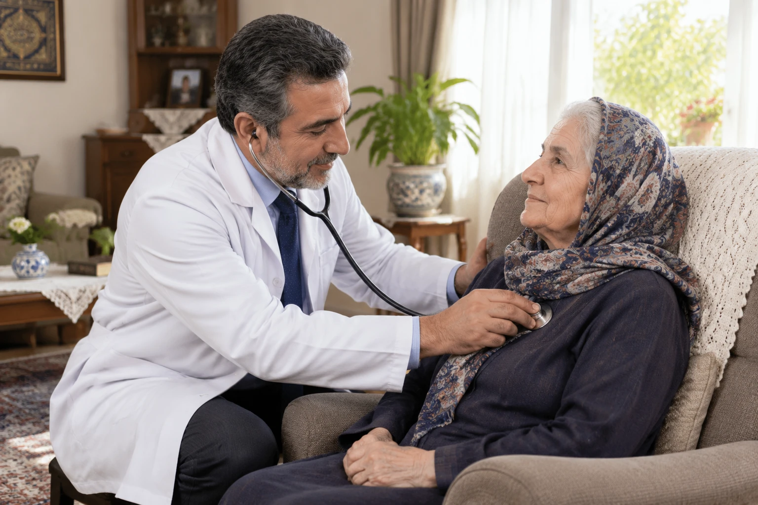 معاینه بالینی دقیق و سمع صدای قلب بیمار سالمند توسط پزشک متخصص قلب در منزل حامی