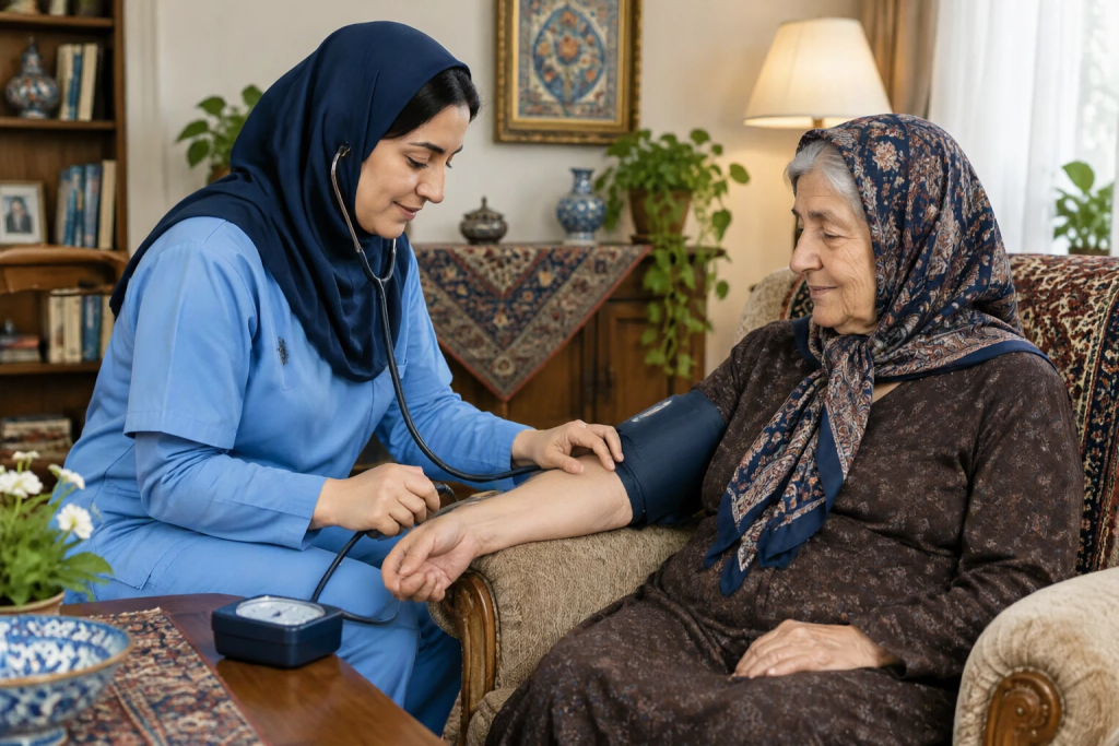 اندازه‌گیری فشار خون زن سالمند توسط پرستار در منزل