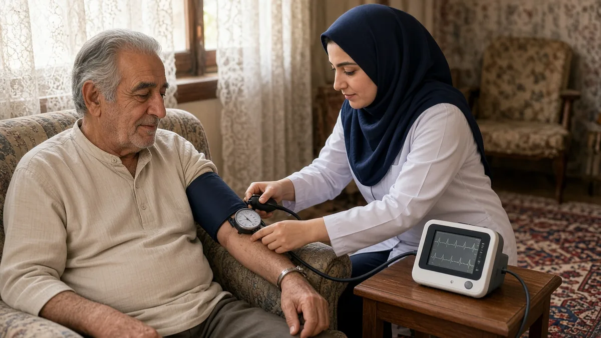 پرستار در حال اندازهگیری فشار خون و انجام ECG برای سالمند در منزل