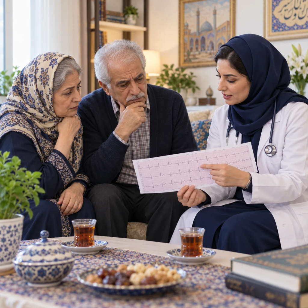 توضیح برگه نوار قلب برای زوج سالمند توسط مراقب سلامت در منزل