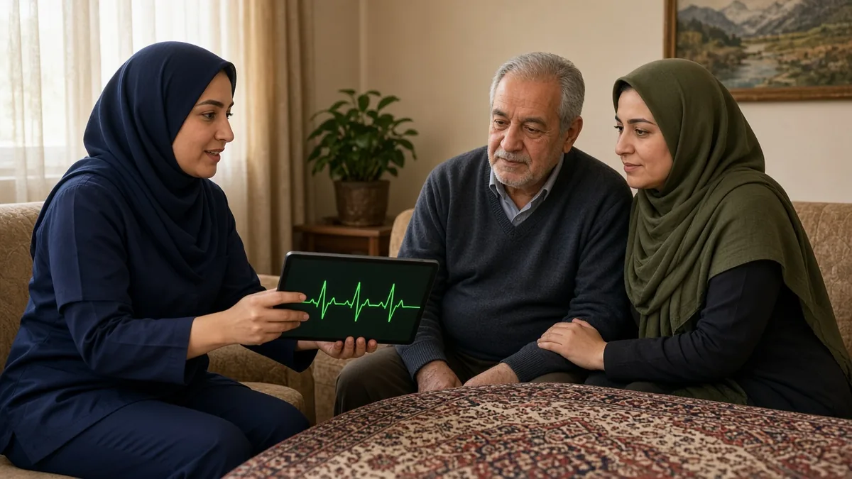 پرستار حامی هومکر در حال توضیح نتایج پایش قلب روی تبلت به بیمار و خانوادهاش در منزل