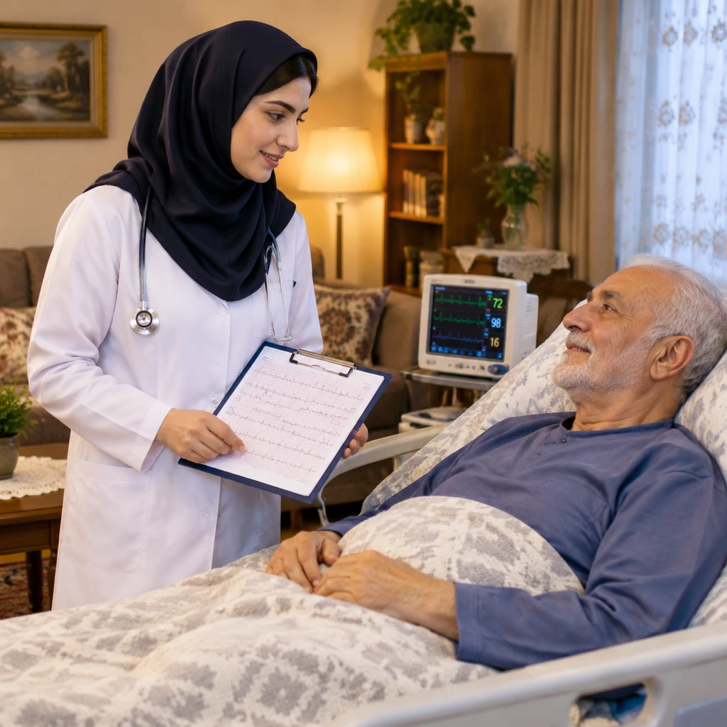 پزشک در حال بررسی برگه نوار قلب با بیمار سالمند در تخت، برای پیگیری و تکرار نوار قلب